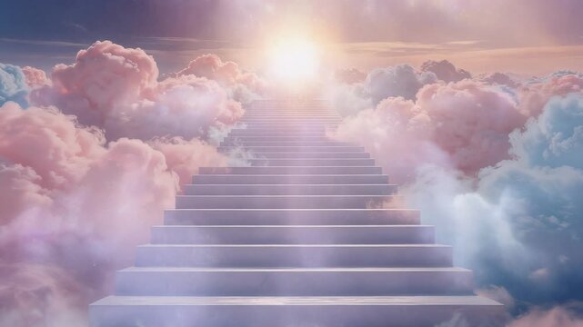 Magical firefly journey climbing ethereal staircase with dreamy pastel clouds and serene sky at twilight