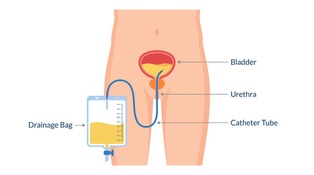 Medical illustration showing a urinary catheter system connected to a human bladder and drainage bag