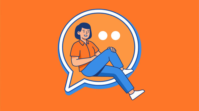 Smiling young man sitting in a speech bubble with a thoughtful expression on a vibrant orange background in a vector graphic illustration