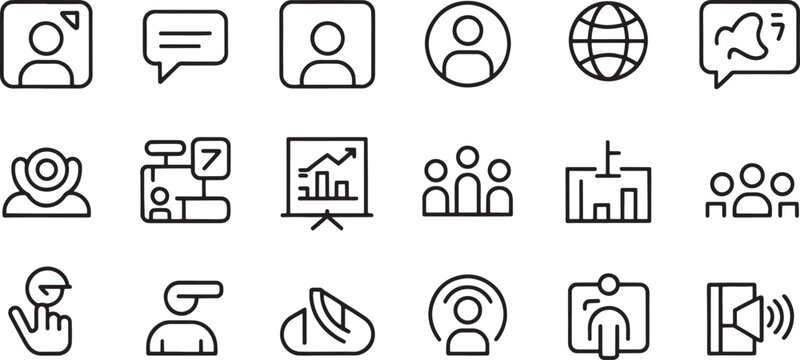 Icons represent various digital communication and networking concepts arranged in a grid for user interface design purposes, providing clear visual symbols for modern corporate messaging systems.