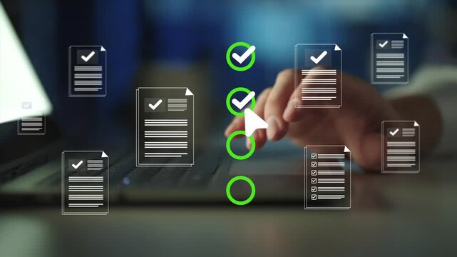 Business performance checklist for form approval concept. Approval and performance tracking, workflow verification, KPI monitoring and business process management.