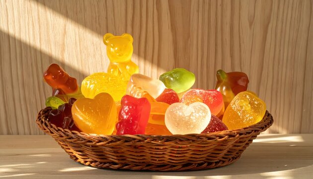 Assorted Gummy Fruits in a Woven Basket Display