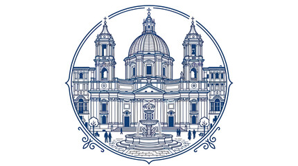 Baroque Church Facade Drawing, Piazza Navona Fountain, Rome Landmark Icon © Bris
