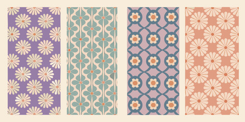 four vertical panels showcasing retro floral patterns vintage seventies 1970s flower design ornament decorative vector illustration background colorful graphic art print © Sudhakar