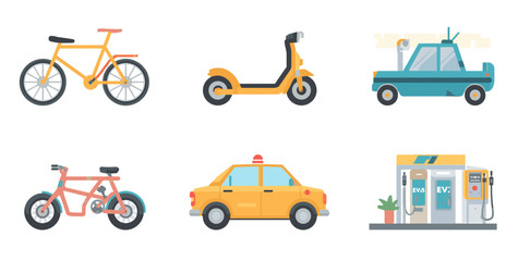 Naklejka premium A collection of various transportation methods including bicycles, a scooter, cars, and a gas station.