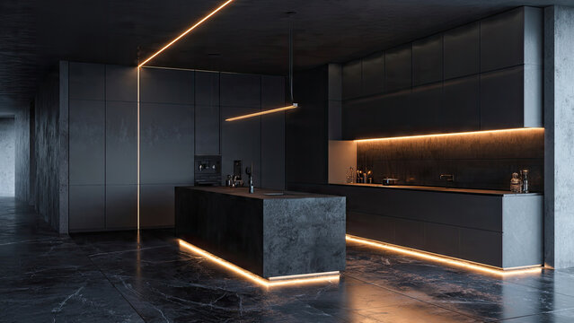 Dark Modern Kitchen Island with Neon Accent Lighting
