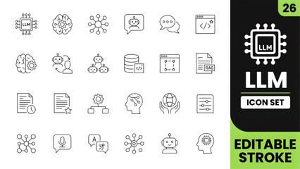 Set of black line icons representing artificial intelligence and large language model technology for web and mobile apps Vector © mdlimon