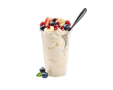 Creamy yogurt parfait with fresh berries and banana isolated on a transparent background