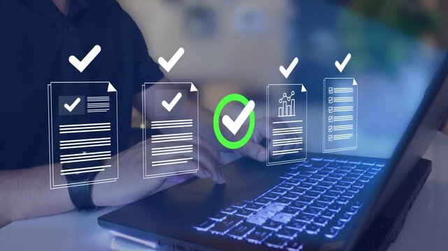 Business performance checklist for form approval concept. Approval and performance tracking, workflow verification, KPI monitoring and business process management.