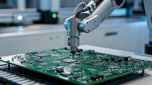 Robotic arm assembling intricate circuit board components with precision in modern electronics manufacturing