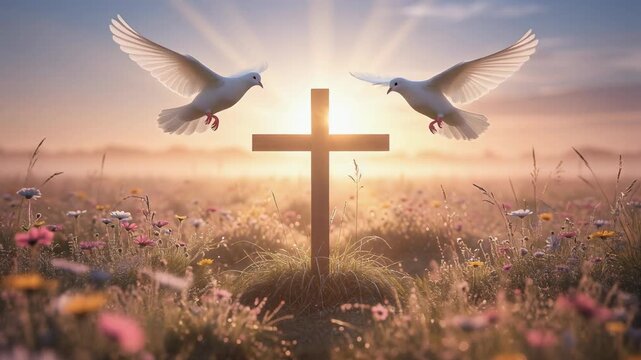 Soft morning light illuminates wooden cross with white doves in vibrant wildflower field with fireflies