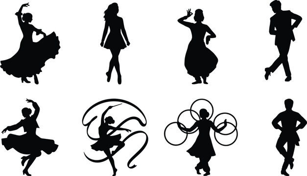 Traditional folk and cultural dance styles black silhouette icon set including rhythmic gymnastics ribbon and flamenco isolated on white background