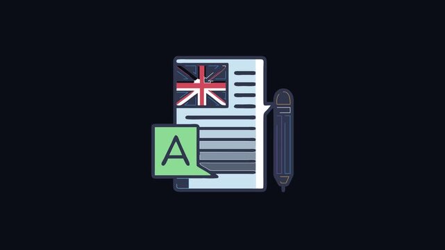 English language test document with flag and pencil illustration