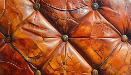 Obraz premium Close-up of a well-worn, quilted leather surface, showing diamond patterns, brass accents, and aged textures