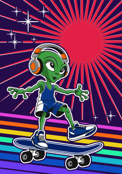 Vector vertical colorful poster. Cartoon green alien skateboarding in space, listening music on headphones. Radiant red star. Bright colored striped. Toon iridescent road. Cosmic placard. Skateboard