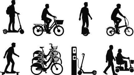 Urban micromobility black silhouettes vector set featuring electric scooters bicycles unicycle skateboard and mobility charging station © MstRehna