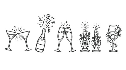 Hand drawn festive celebration icons featuring champagne bottles glasses and candles with elegant ribbon bow details © umar