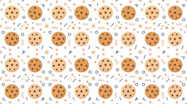 Playful chocolate chip cookie pattern with pastel confetti and geometric shapes