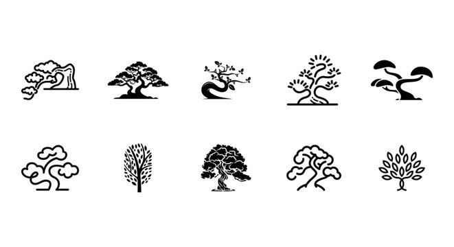 Variety Of Tree Silhouettes Black Vector Illustrations On White Background