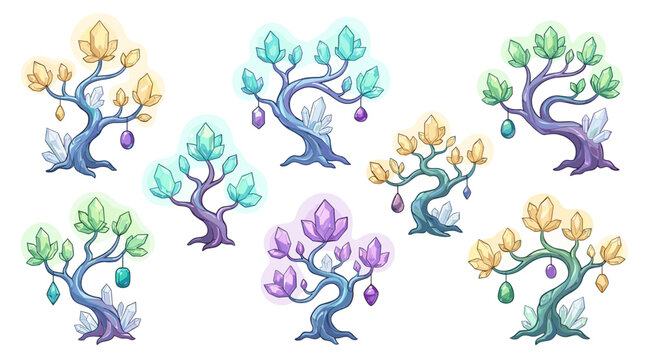 Stylized magic crystal trees game asset collection