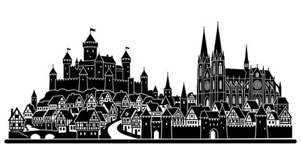 Obraz premium Medieval Castle and Town Silhouette - Historic Cityscape Vector Art