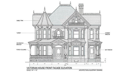 Victorian House Architectural Drawing - Front Facade Elevation Blueprint © Bris