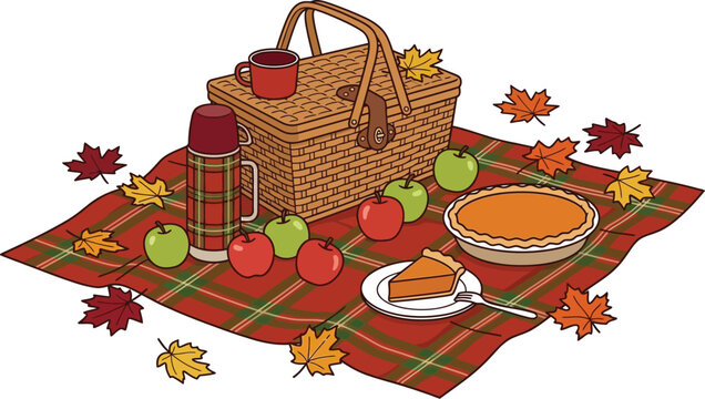 Autumn picnic setup with wicker basket, plaid blanket, apples, pie, and thermos on a cozy outdoor spread with fall leaves.