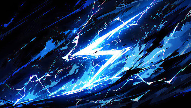 Abstract digital illustration of a bright blue lightning bolt striking through a dark stormy background.