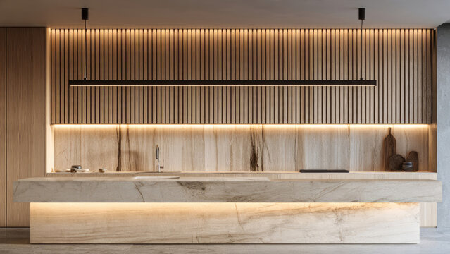 Modern Kitchen Island with Marble Counter and Wooden Slat Wall