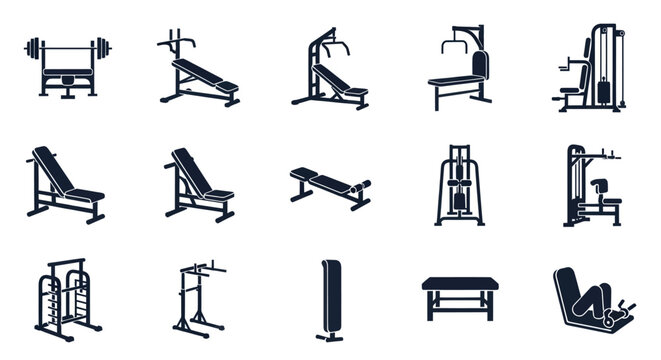 Professional strength training gym machine icon set.