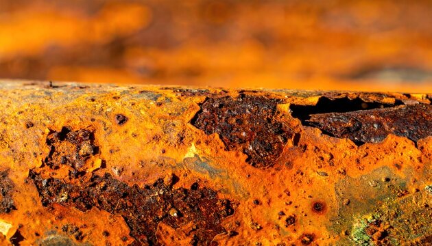 Extreme close up of heavily rusted and corroded iron pipe surface with deep texture and bright orange oxidation patterns from long term decay