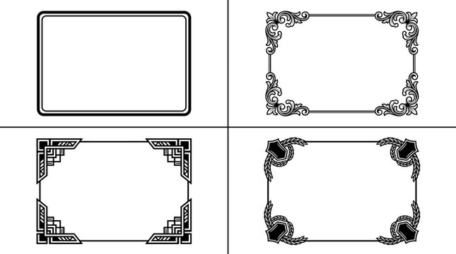 Set of four decorative ornamental frame elements in black and white, art deco and vintage styles, simple design accents