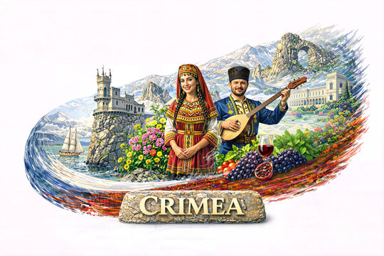 Crimea travel, Swallows Nest castle on a cliff, Livadia Palace, Golden Gate Kara Dag rock formation, Black Sea sailboat and Ai Petri mountains. Red wine glass with dark grapes and pomegranate harvest