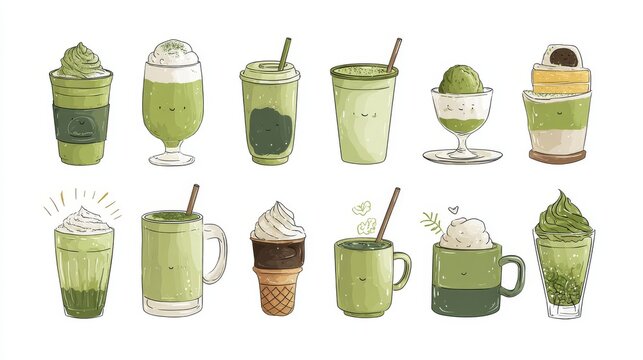 18.06011247 18 Matcha themed beverage and dessert illustration, latte cups, smoothies, ice cream, and chiffon cake, decorative doodles, friendly flat vector design, calm green palette, isolated on