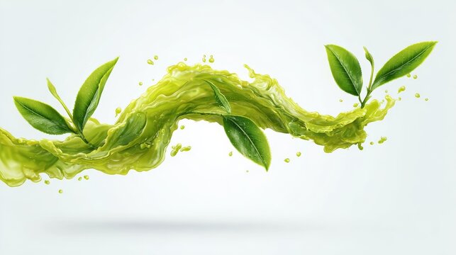 27.06011247 27 Green tea liquid splash with flowing curves, vibrant green tones, fresh leaves suspended in motion, modern flat vector style with subtle gradients, isolated on white background