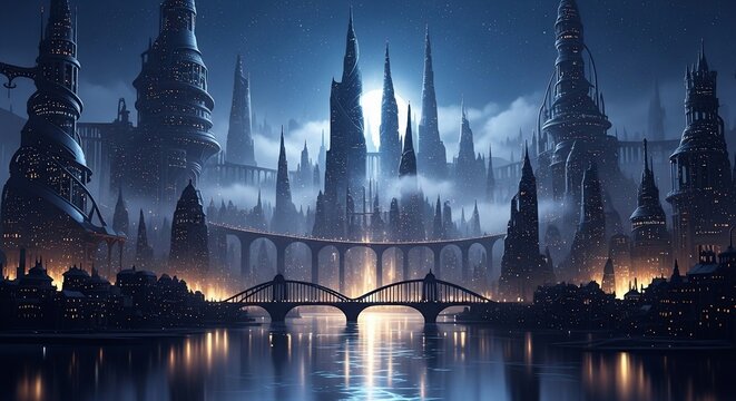 Fantasy cityscape at dusk