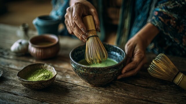 37.06011247 37 Concept = Woman preparing matcha tea with bamboo whisk at wooden table, closeup