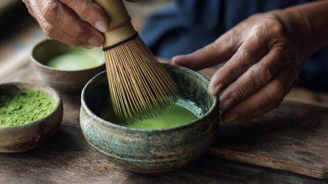 37.06011247 37 Concept = Woman preparing matcha tea with bamboo whisk at wooden table, closeup