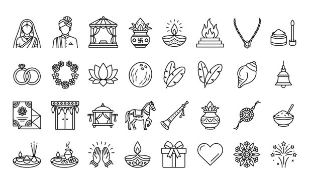 Hindu Wedding Line Icon Set