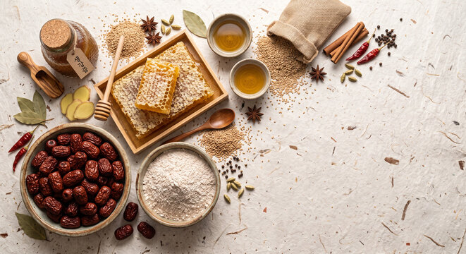 Yakgwa honey and ginger ingredients on traditional Korean dak paper, 