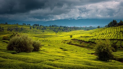 Naklejka premium 54.06011247 54 Wide landscape of tea gardens in Turkey, organized tea rows, dramatic sky, lush greenery, calm rural environment, high detail natural scenery