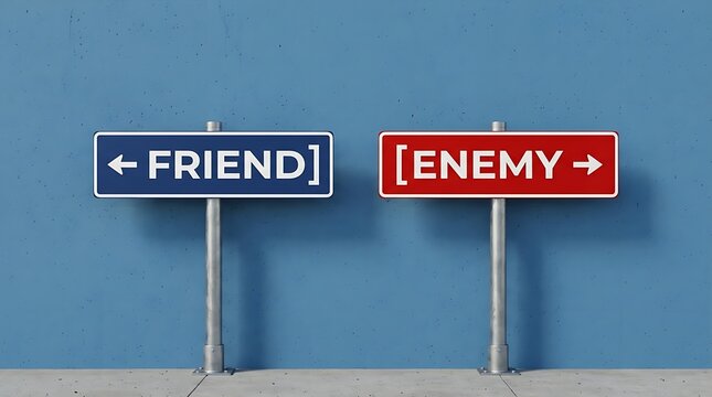 Choosing between friend and enemy road signs against a blue wall background