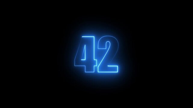 Abstract glowing neon text 42 number countdown icon. Glowing sign on black background Neon number 42 with alpha channel, simple blue neon color. Seamless loop style animation