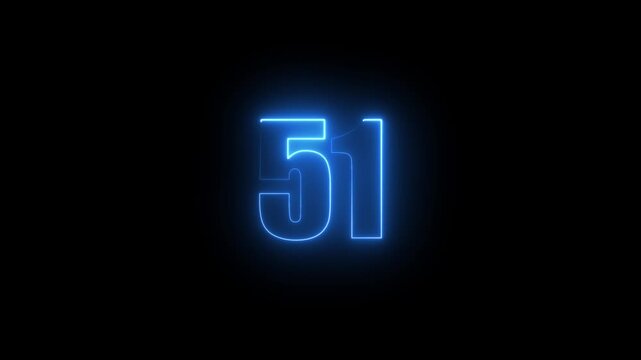 Abstract glowing neon text 51 number countdown icon. Glowing sign on black background Neon number 51 with alpha channel, simple blue neon color. Seamless loop style animation