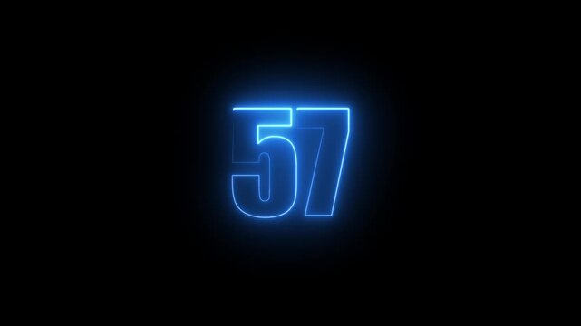 Abstract glowing neon text 57 number countdown icon. Glowing sign on black background Neon number 57 with alpha channel, simple blue neon color. Seamless loop style animation