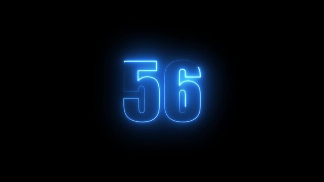 Abstract glowing neon text 56 number countdown icon. Glowing sign on black background Neon number 56 with alpha channel, simple blue neon color. Seamless loop style animation