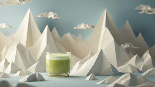 65.06011247 65 Clean 3d illustration of matcha latte in clear glass cup, placed on stylized paper cut mountain landscape, soft natural color palette, balanced composition, shallow depth of field,