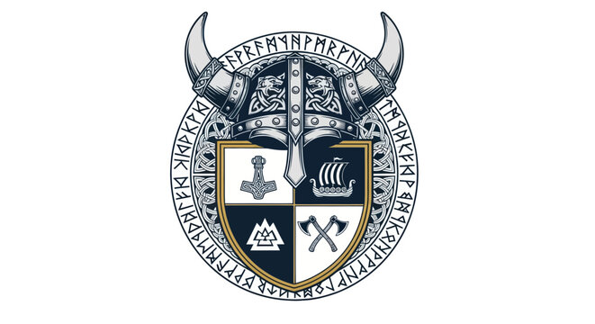 Ornate norse emblem with horned helmet shield and runic circle
