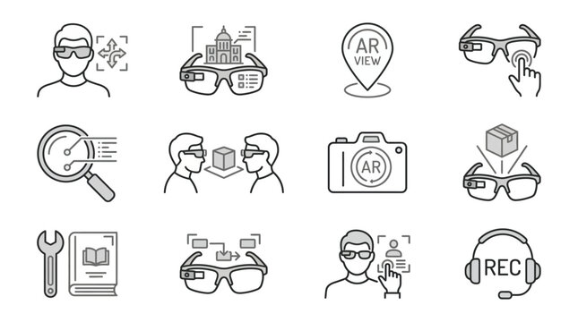 Minimalist Black and White Line Icons Set Featuring Augmented Reality Glasses and Various AR Functions