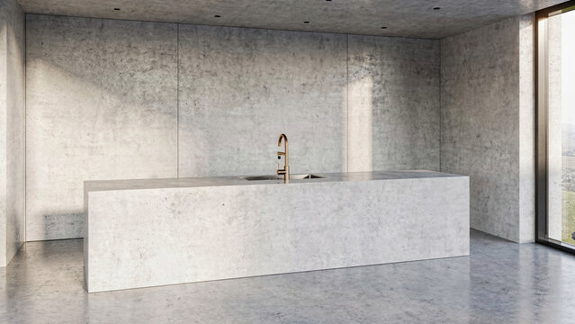 Modern Concrete Kitchen Island in Minimalist Open Plan